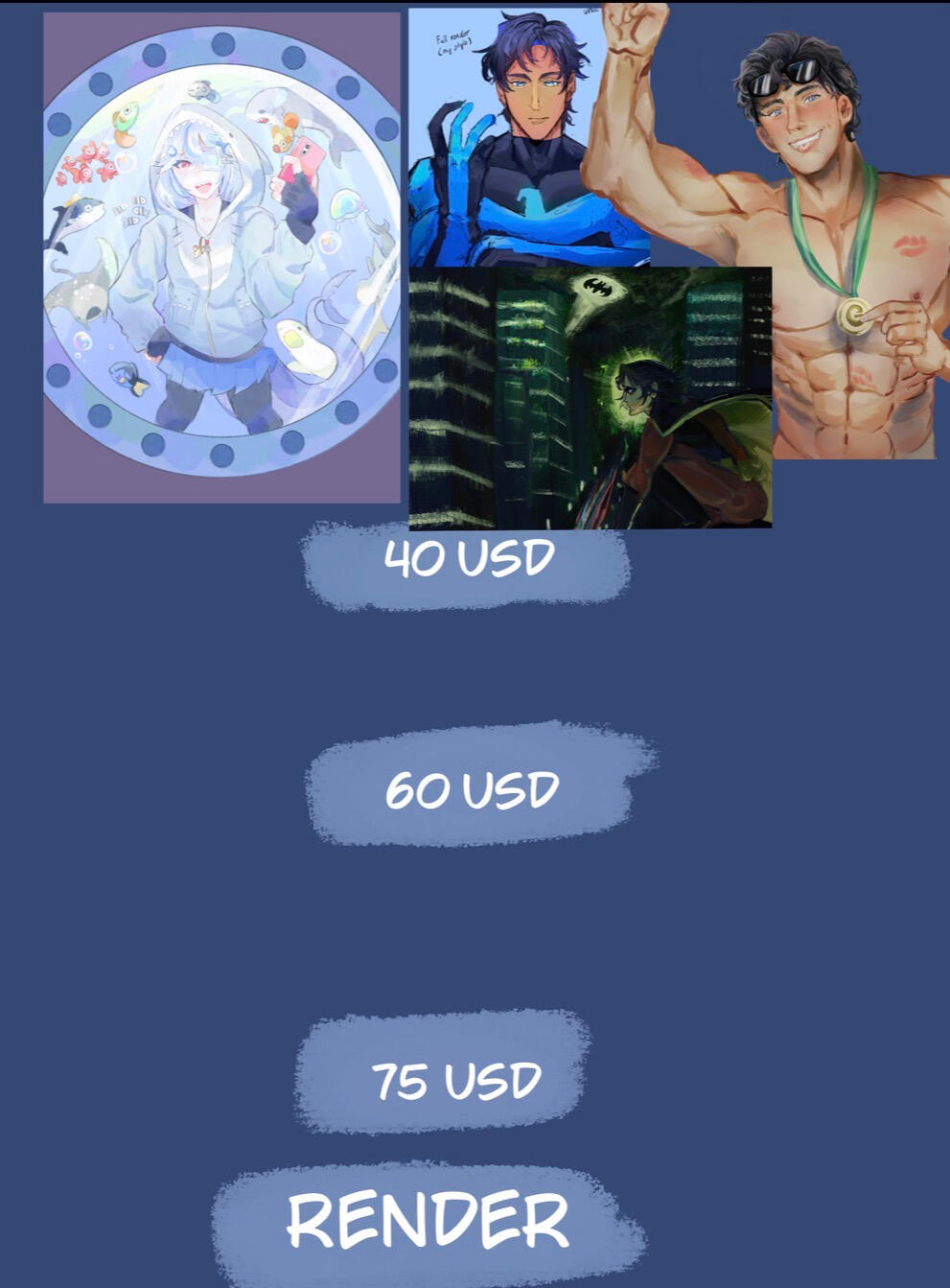 Bust-40USD, Torso-60USD, Full body-75USD